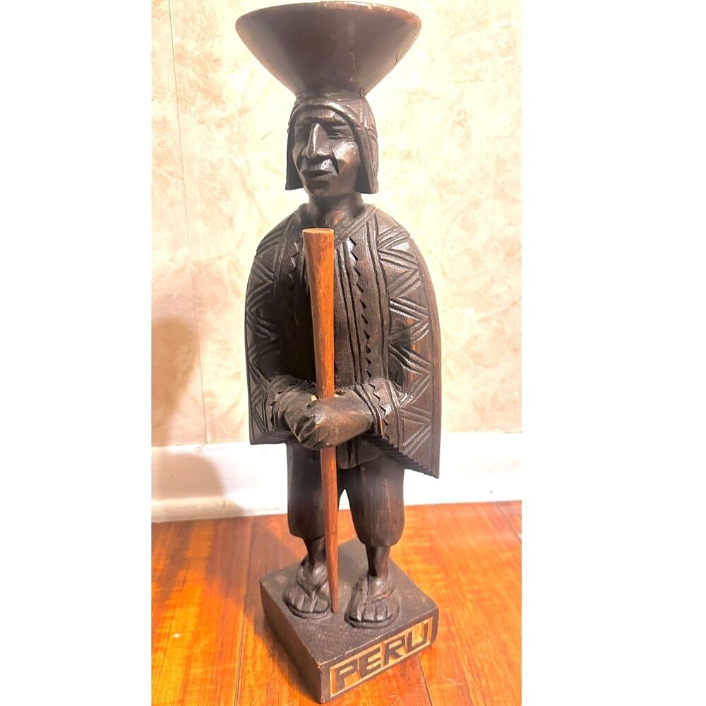 Vintage Peruvian Hand Carved Dark Wooden Folk Art Native Figurine w/staff